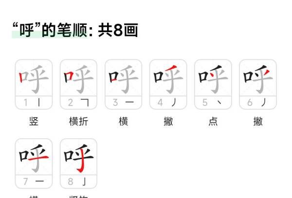 呼的笔顺结构,呼吸的呼字的笔顺图1