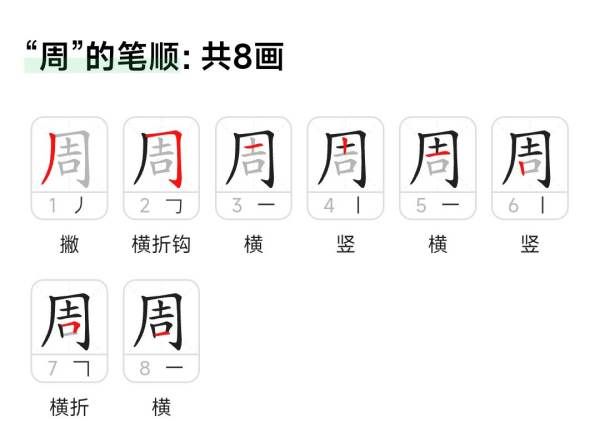 周的笔顺演示,周的笔顺是图1